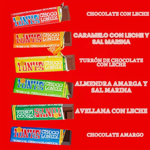 Vista 5 de Tony’s Chocolonely - Paquete de variedad de barras de chocolate arcoíris, chocolate belga oscuro y con leche con sal marina, caramelo, almendra