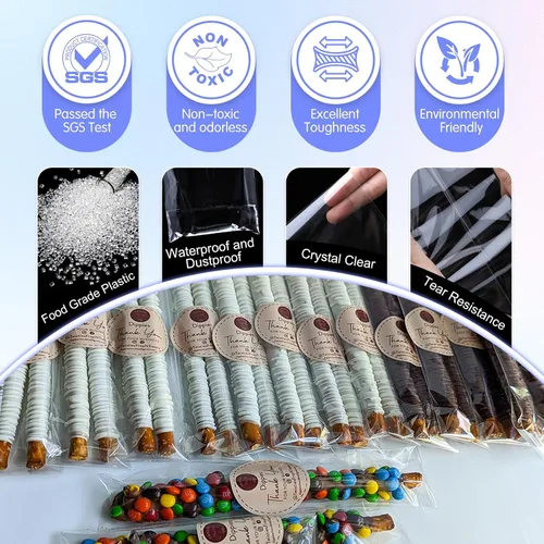 Vista 3 de Bolsas largas de celofán autoadhesivas de 1 x 8 pulgadas, 200 unidades transparentes para galletas y dulces, resellables, de plástico