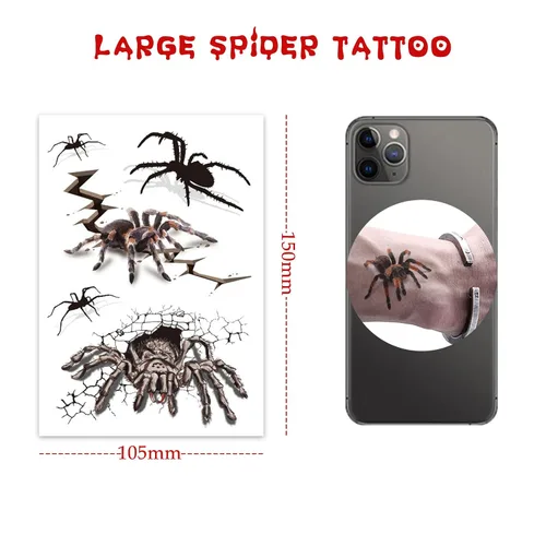 Vista 3 de YOKSAS Calcomanías de tatuaje temporal de araña 3D de terror de Halloween, 12 hojas de tatuajes de maquillaje facial para niños y adultos