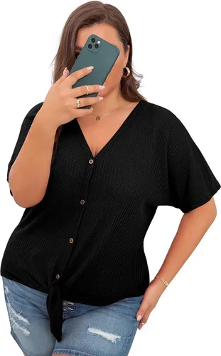 Vista 6 de OLRIK Blusa de manga corta con cuello en V para mujer, de punto gofre, con lazo frontal y botones