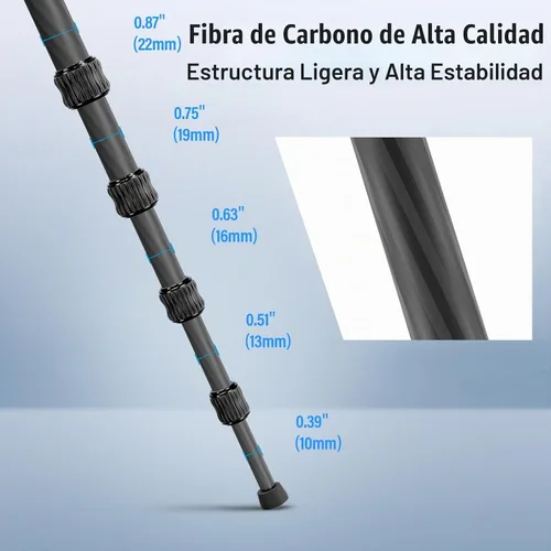 Vista 8 de SIRUI Trípode de Viaje Ligero de Fibra de Carbono, Trípode de Cámara Compacto de 52" con Kit de Cabeza de Bola de 360°, Columna Central Desmontable