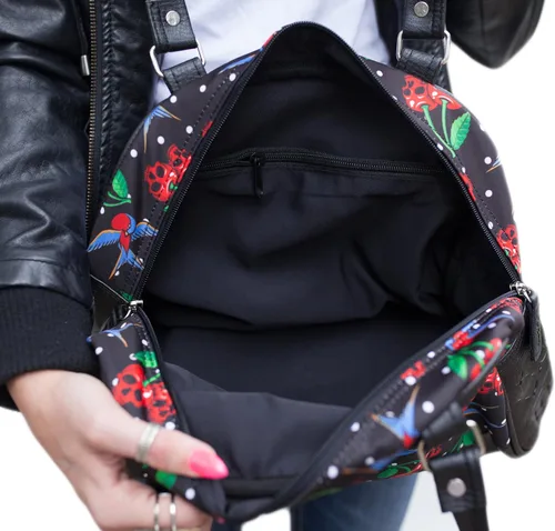 Vista 3 de Cherry Skulls & Swallows Rockabilly Tattoo Polka Dot Bolso gótico, Negro