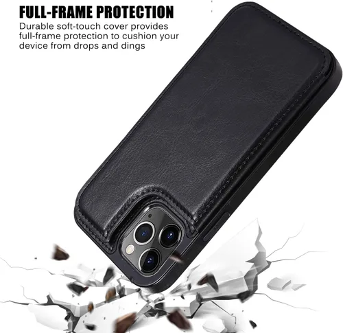 Vista 6 de Funda tipo cartera compatible con iPhone 12 Pro/12, funda protectora delgada con tarjetero, funda premium de cuero sintético con función atril