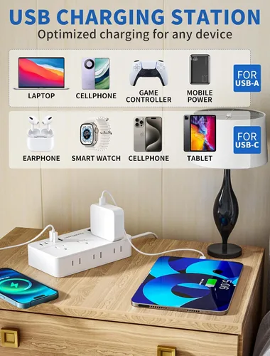 Vista 5 de Regleta protectora de sobretensiones, cable de extensión trenzado de 5 pies, enchufe plano con 6 tomas de corriente y 2 puertos USB-A, 2 puertos