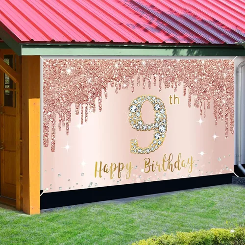 Vista 3 de Cartel de feliz 9º cumpleaños para niñas, suministros de fiesta de noveno año de oro rosa, cartel rosa de 9 años, decoración de cabina de fotos