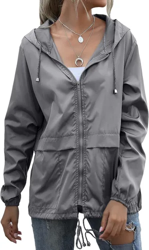Vista 2 de Muzeca Chaqueta impermeable ligera para mujer, rompevientos con capucha y bolsillos para exteriores