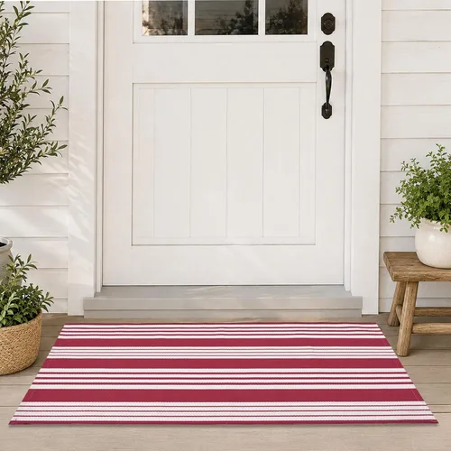 Vista 9 de USTIDE Orange White Stripe Woven Door Mat 2'x3' Washable Woven Striped Rug Orange&white Bold