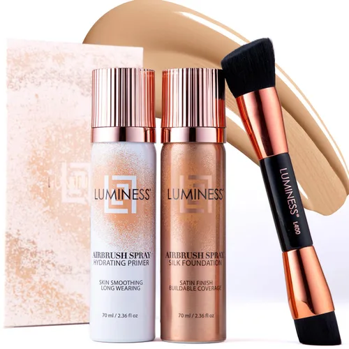 Vista 10 de LUMINESS Silk Airbrush Spray Foundation Kit de 3 piezas – base, prebase y brocha de maquillaje en ángulo de doble cara – Cobertura modulable