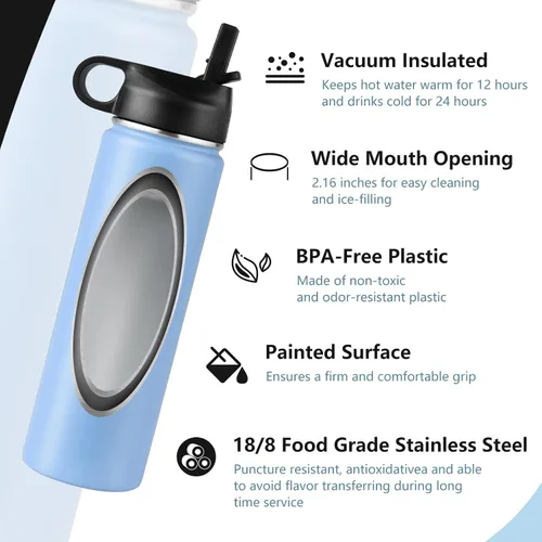 Vista 7 de S AFSTAR Botella de agua de acero inoxidable de 22 onzas, doble pared aislada al vacío, botella de agua deportiva con tapa y popote abatible Azul
