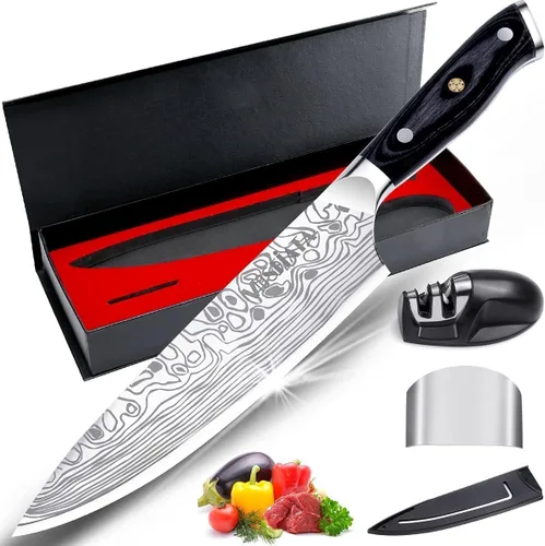 Vista 8 de MOSFiATA - Cuchillo de chef de 10 pulgadas súper afilado, cuchillo de cocina profesional con protector de dedos en caja de regalo, cuchillo