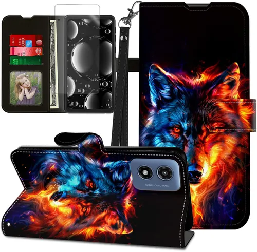 Vista 157 de Funda para Motorola Edge 2022 con protector de pantalla, soporte y tarjetero y correa para la muñeca, funda magnética para Moto Edge 2022 5G UW Lobo