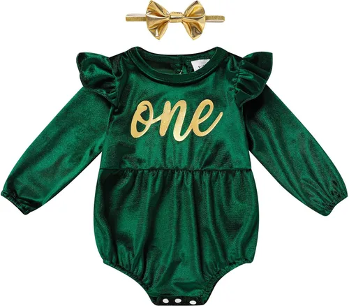 Vista 50 de GRNSHTS Ropa de primer cumpleaños para niña de terciopelo de un año de edad, mameluco de manga larga + diadema, 2 piezas de trajes de pastel