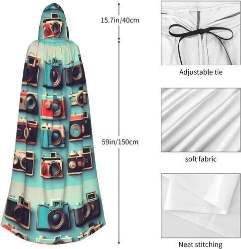 Vista 4 de Retro Cool Camera Collection Print Hooded Cloak Men Women â Versatile Cosplay Cloak Halloween Carnivals Theme Decor