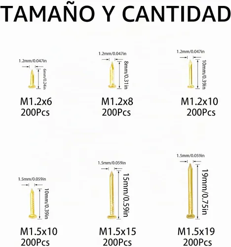 Vista 3 de 1200Pcs Clavos Pequeños de Acero al Carbon Chapados en Latón para Madera DIY Micro Mini Clavos M1.2/1.5 Kit de Surtido 6 Tamaños