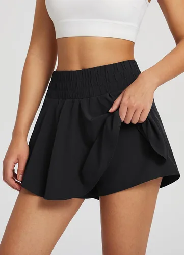 Vista 5 de BALEAF Pantalones cortos deportivos de cintura alta para mujer, falda de entrenamiento con volantes, pantalones cortos para correr, bolsillos