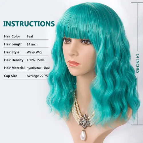 Vista 4 de ITTAYLER Peluca verde azulado, pelucas cortas y rizadas con flequillo, lindas pelucas coloridas para mujeres, peluca sintética de aspecto natural