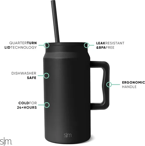 Vista 2 de Simple Modern - Vaso de 1,5 l con asa y tapa con pajita, botella de agua grande de acero inoxidable reutilizable con aislamiento, regalos para Negro