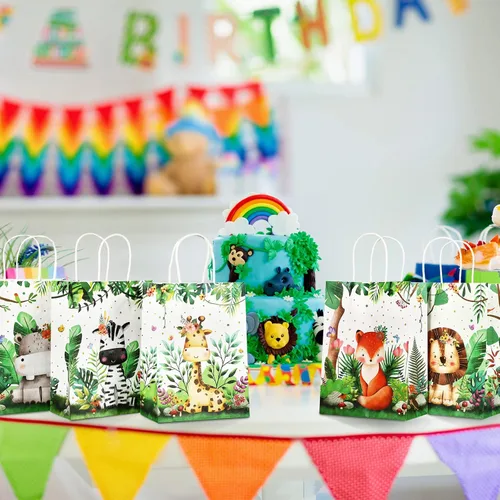 Vista 7 de Pajean Bolsas de Golosinas Safari Animales de la Selva Bolsas de Favores de Fiesta con Asas Estampado de Animales del Zoológico Dulces de Favores