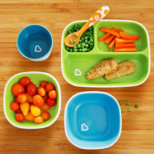 Vista 3 de Munchkin® Splash™ juego de vajilla para niños de 4 piezas con plato y tazón divididos, azul/verde