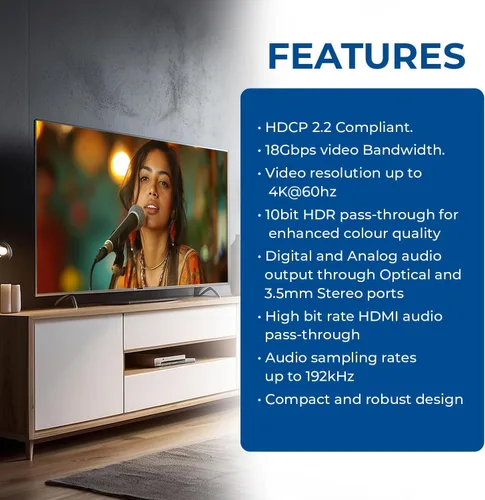Vista 9 de OREI 4K 60Hz 18G Convertidor Extractos de Audio HDMI 2.0 - SPDIF + Salida de 3.5mm - HDCP 2.2 - Dolby Digital/DTS Passthrough CEC, HDR, Dolby