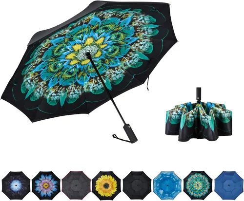 Vista 9 de Paraguas invertido de doble capa, plegado automático, reversible, resistente al viento y a los rayos UV, para lluvia, coche, viaje, al aire libre
