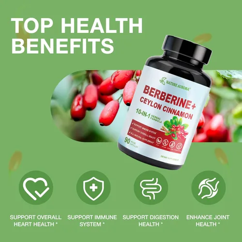 Vista 7 de Suplemento de berberina con canela de Ceilán y picolinato de cromo, 10 en 1 berberina 1000 mg por porción, berberina 5X para metabolismo, corazón e