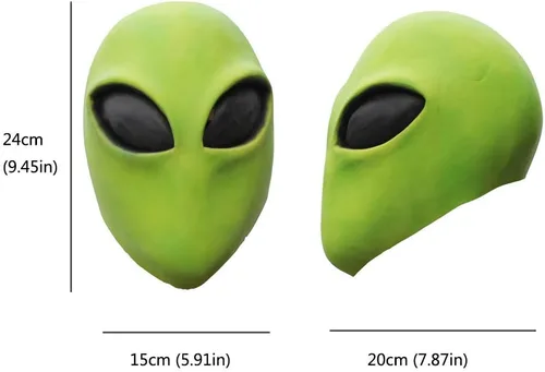 Vista 3 de PartyHop Máscara de cabeza de alienígena verde, máscara de látex para disfraz de fiesta de Halloween