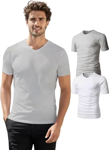 Vista 49 de H2H Camisetas para hombre - Pack de varias unidades, diseño simple, manga corta, ajuste delgado, mezcla de algodón (cuello en V/cuello redondo)