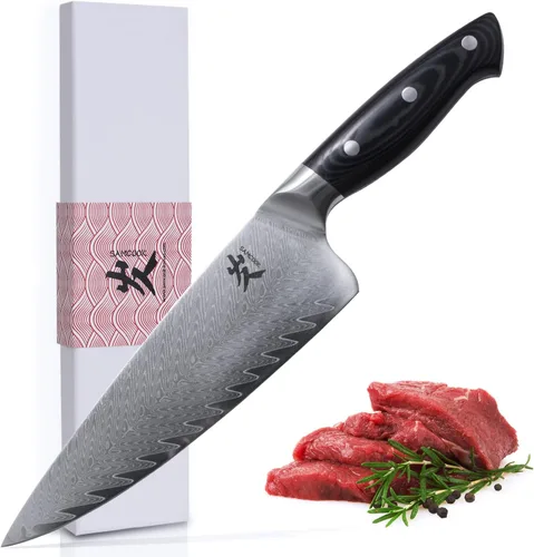Vista 12 de SAMCOOK Cuchillo Kiritsuke de chef - Cuchillo profesional de 8 pulgadas de damasco afilado - Cuchillo de cocina Gyuto de acero inoxidable VG-10