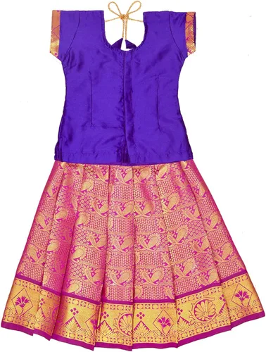 Vista 2 de Chandrakala Niños Pattu pavadai étnico tradicional Lehenga choli Chaniya Choli vestido falda Tops para niñas (KL107)