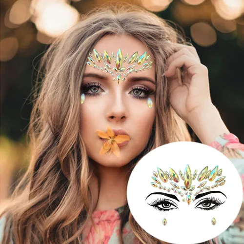 Vista 7 de Gemas faciales 4 hojas de joyas para la cara pegadas en diamantes de imitación, calcomanías de cristal luminoso, piedras preciosas temporales