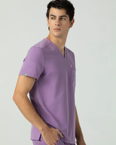Vista 2 de Mediclo Camisa médica médica para hombre - Crevan Essential 3 bolsillos Eco amigable con el medio ambiente FYSEL tela con cuello en V camisa ropa
