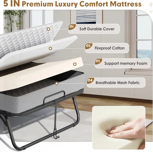 Vista 4 de INTERGREAT Cama plegable con colchón, cama plegable portátil de 75.2 x 31.5 pulgadas para adultos, cama plegable con colchón de 5 pulgadas