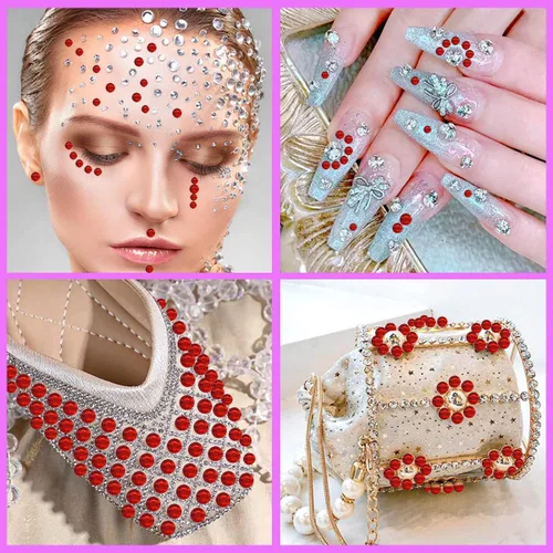 Vista 6 de 1799 piezas 4 hojas de pegatinas de diamantes de imitación 3/4/5/6 mm autoadhesivas para maquillaje de cara, ojos, cabello y cuerpo (Rojo-3/4/5/6mm)