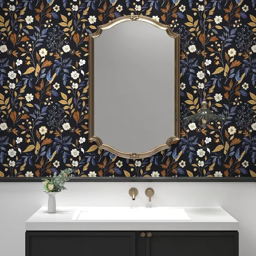 Vista 2 de BOKEBEVE Papel Pintado Vintage de Despegar y Pegar Hojas Papel de Contacto Oro Negro Floral para Estante de Libros Forro de Cajón Amigable