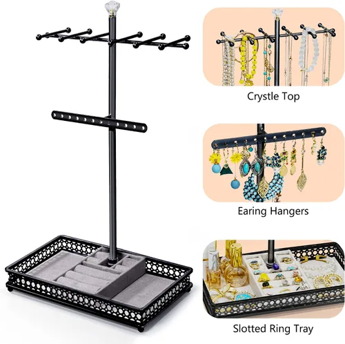 Vista 5 de Meangood Organizador de soporte para árbol de joyería, organizador de collares 3 en 1, exhibición de pulseras, aretes y bandeja para anillos