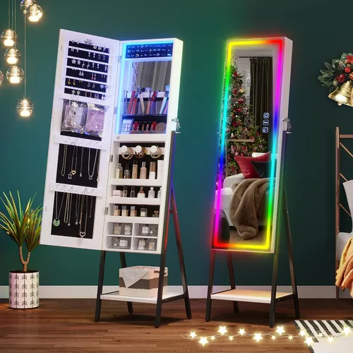 Vista 8 de HNEBC Armario de joyería con espejo LED RGB, organizador de joyas de pie de longitud completa con almacenamiento, espejo de joyería con cerradura