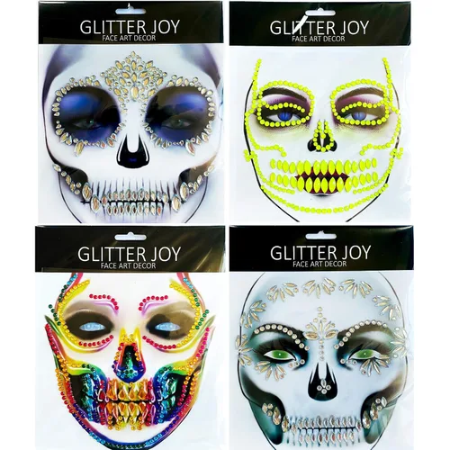 Vista 3 de Tatuajes faciales para cosplay, Día de la Muerte, cráneo temporal, gemas para la cara, tatuajes, diamantes de imitación, fantasma, novia, jade