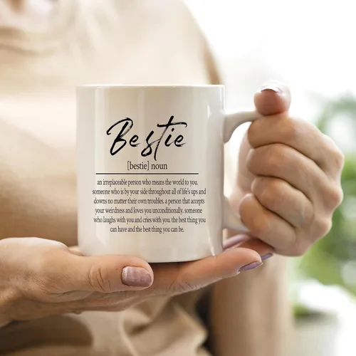 Vista 2 de QASHWEY Taza de café con texto en inglés «Bestie Definition», «Best Friend», mejor amiga, mejor amiga, hermana del alma, regalos para mujeres