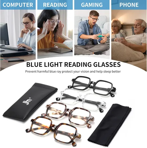 Vista 6 de JM 4 Pack Square Reading Glasses, Blue Light Blocking Computer Reader for women men, Spring Hinge