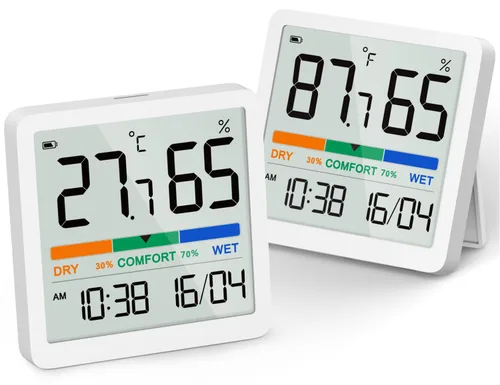 Vista 11 de NOKLEAD Termómetro higrómetro para interiores, mini monitor digital de temperatura y humedad de escritorio con indicador de comodidad y reloj