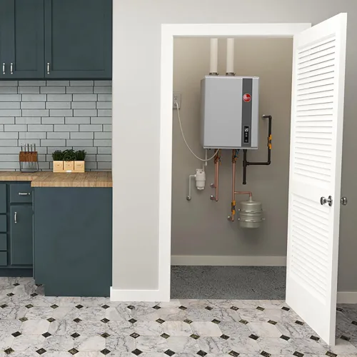 Vista 6 de Rheem - Calentador de agua de propano líquido sin tanque y con condensación, para interiores, hasta 6.8 GPM, 120,000 BTUs de agua caliente super