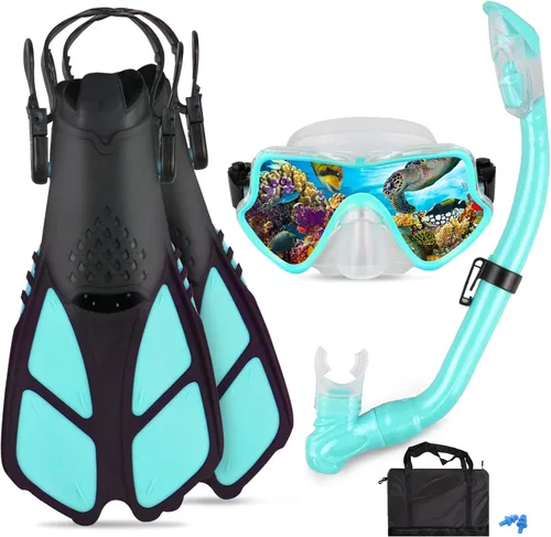 Vista 9 de Juego de esnórquel para niños – Aletas ajustables + máscara de esnórquel panorámica + tubo de esnórquel seco + bolsas de viaje – Adecuado para niños
