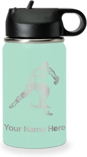 Vista 60 de LaserGram Botella de agua personalizada, jugador de hockey, acero inoxidable de doble pared aislada al vacío con popote superior, regalo grabado