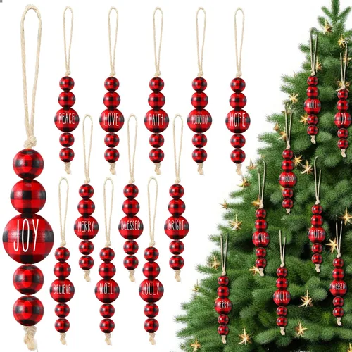 Vista 7 de 24 Piezas Adornos Navideños de Cuentas de Madera Estilo Granja para Árbol con Palabras de Bendición Decoraciones Rústicas Colgantes de Navidad