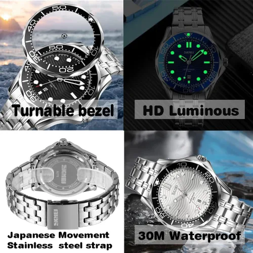 Vista 3 de SKMEI Mens Watches Fashion Big Large Face Stainless Steel Waterproof Luminous Analog Quartz Watch Day Date Luxury Business Blue Wristwatches for Men