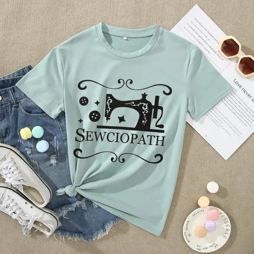 Vista 4 de GLIGLITTR Camiseta de mujer para amantes de la costura con estampado de costura, divertida máquina de coser con cuello redondo, manga corta, casual