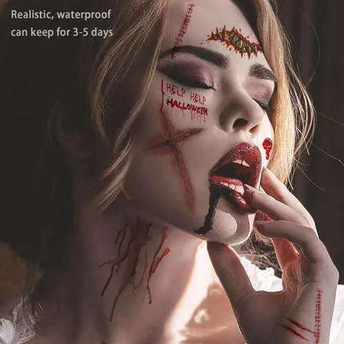 Vista 6 de Más de 260 piezas de 36 hojas de tatuajes falsos para Halloween, tatuajes de maquillaje de zombies temporales realistas, tatuajes de cicatrices