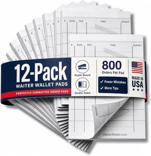 Vista 9 de Waiter Wallet Jr. Pads Paquete de 12 blocs de notas de invitados Bloc de notas perforado y grapado de doble cara para servidor de restaurante