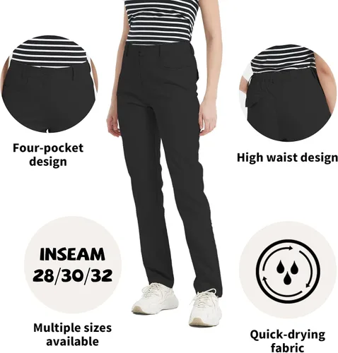 Vista 5 de QBK Pantalones de golf para mujer, tallas pequeñasregularesaltas, ajuste delgado, ligeros, elásticos, pantalones casuales de trabajo con cintura alta
